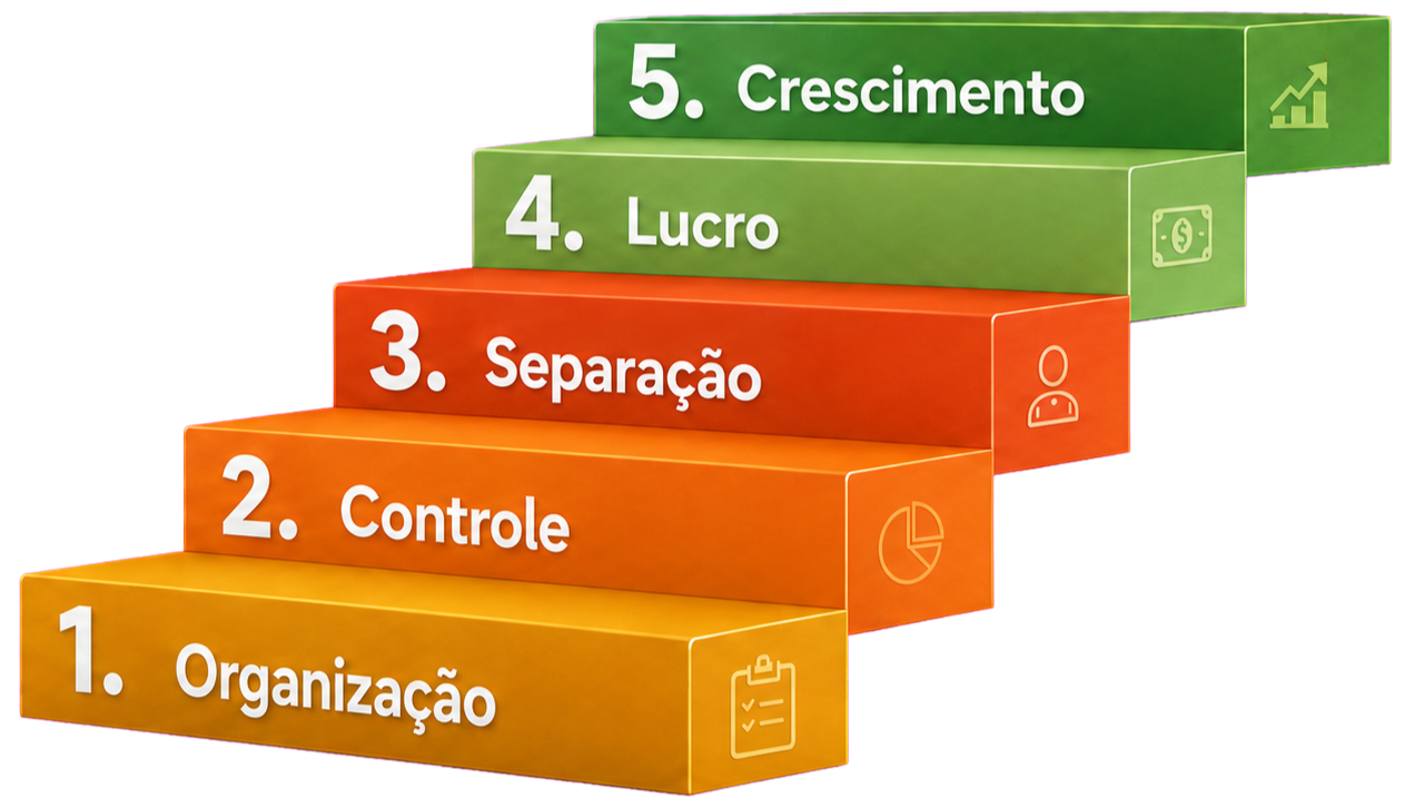 Escada de cinco degraus: 1 Organização, 2 Controle, 3 Separação, 4 Lucro, 5 Crescimento.