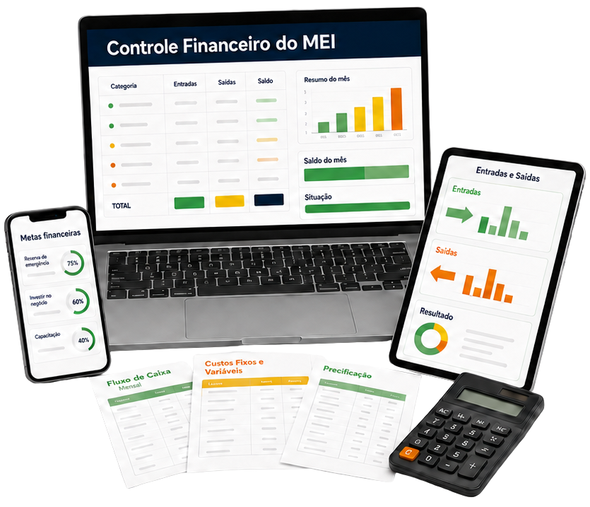 Planilhas do MEI abertas em notebook, tablet e celular, ao lado de folhas impressas de fluxo de caixa, custos e precificação e de uma calculadora.